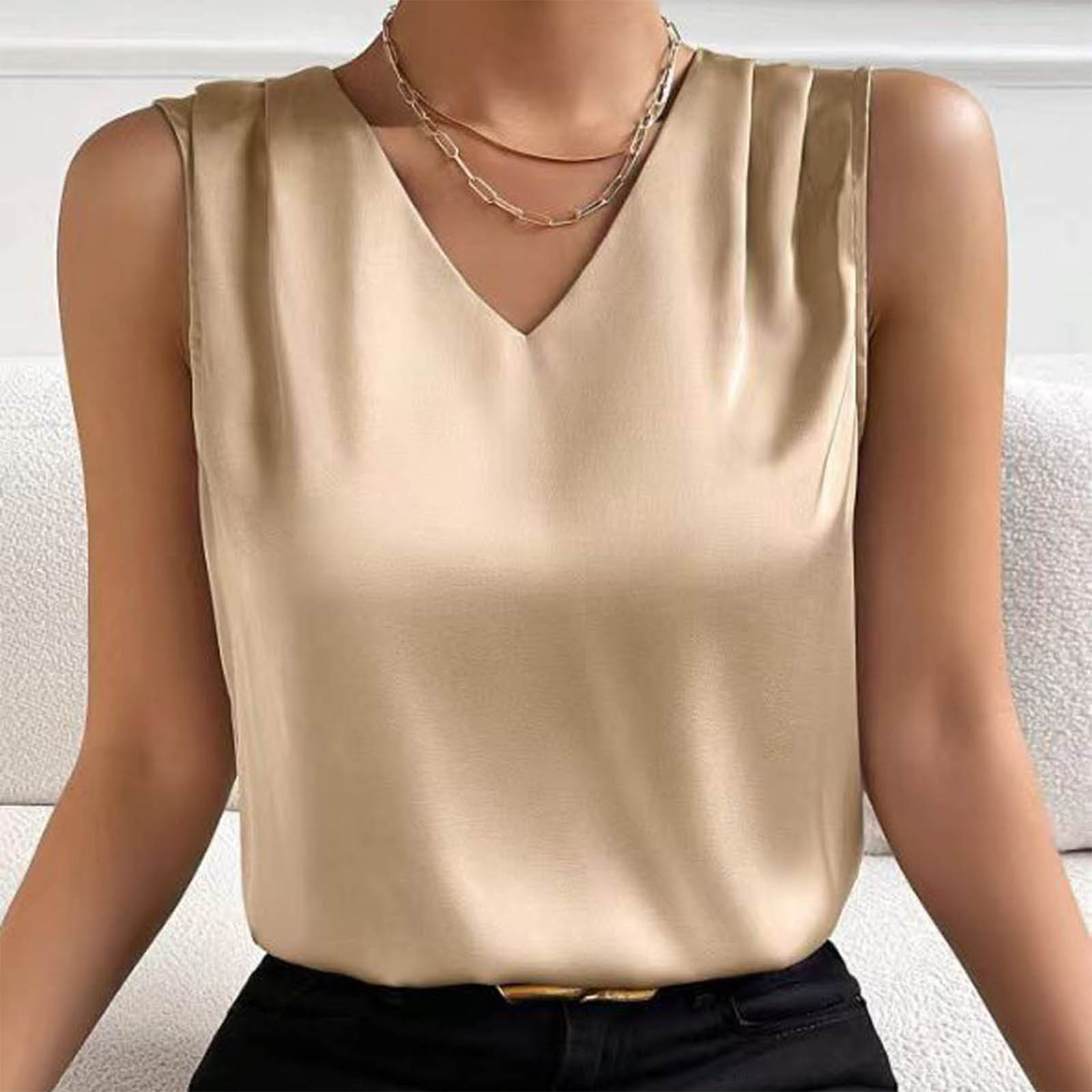 thumbnail image 2 of Top sin mangas de satén con cuello en V para mujer, para el verano, blusa informal transpirable de poliéster de color liso, 2 of 6